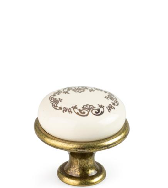 Retro gałka meblowa porcelanowa fi28 mm - zdobiona,  stare złoto